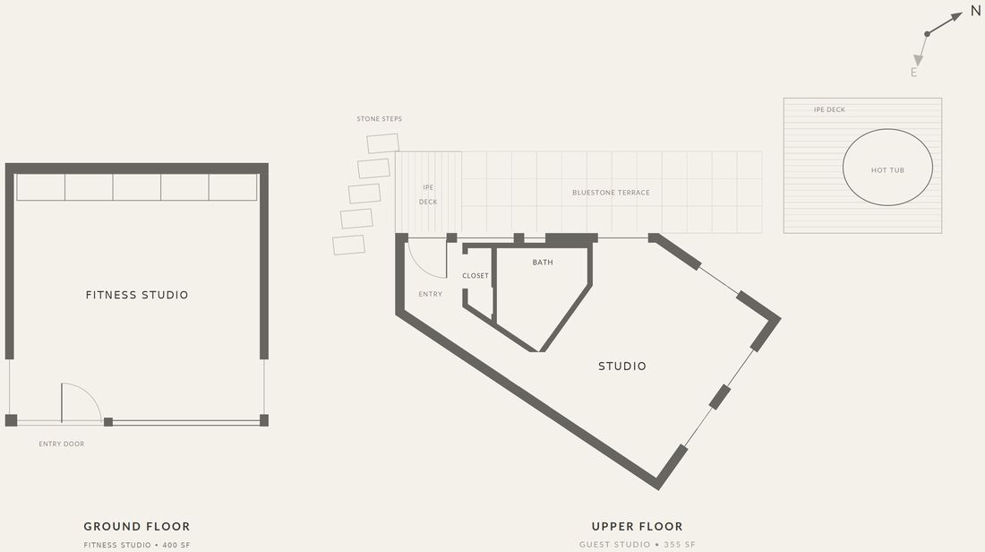 Ground and upper floor plans of the guest studio