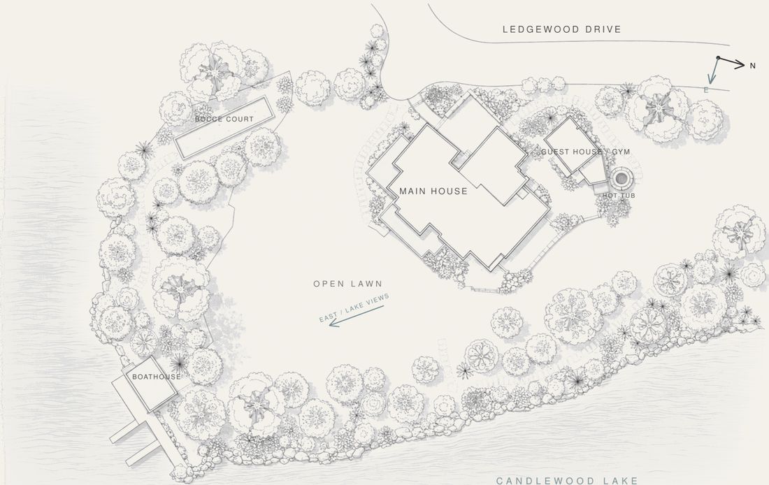 Site plan showing the main house, guest pavilion and boathouse on the lakefront parcel